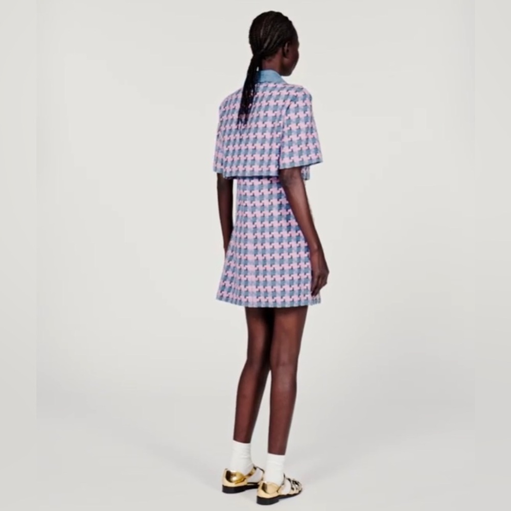 Sandro Amadora Denim Trim Houndstooth Tweed Mini Dress - Picture 4 of 13